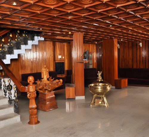 Wood panelled ceiling and stairways