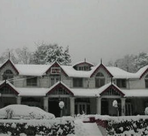 Hotel during snowfall